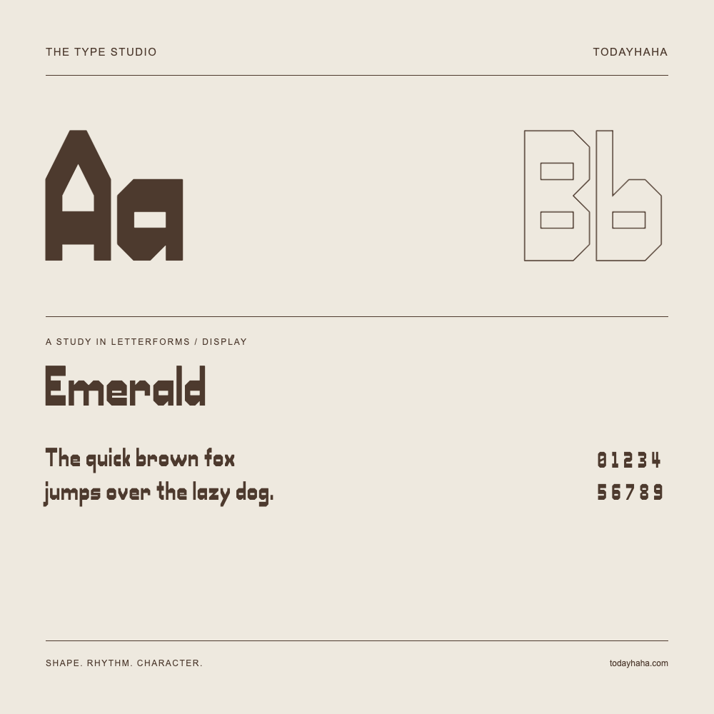Emerald — Buchstabenstudie mit Beispielsatz und Ziffern