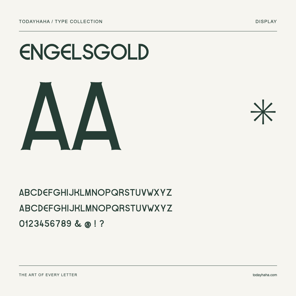 Engelsgold — Schriftmuster mit Großbuchstaben, Kleinbuchstaben und Ziffern