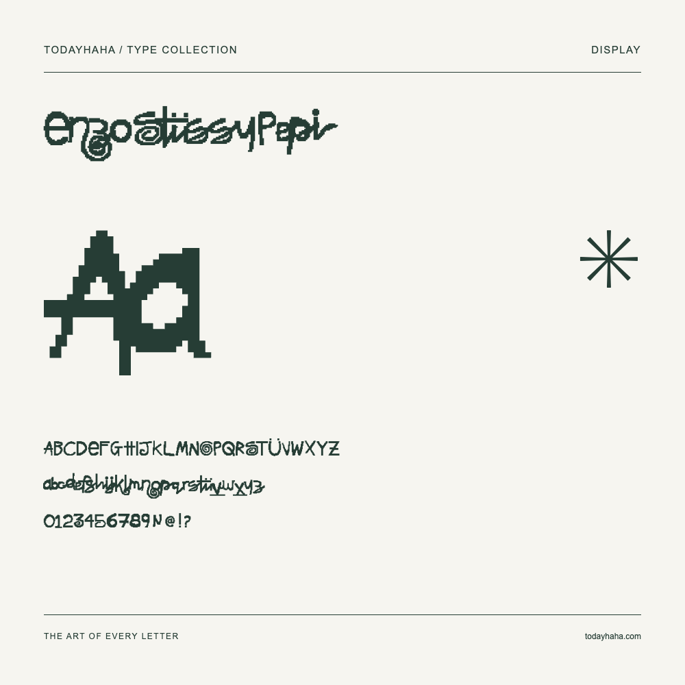 Enzo Stussy Pepi — Schriftmuster mit Großbuchstaben, Kleinbuchstaben und Ziffern