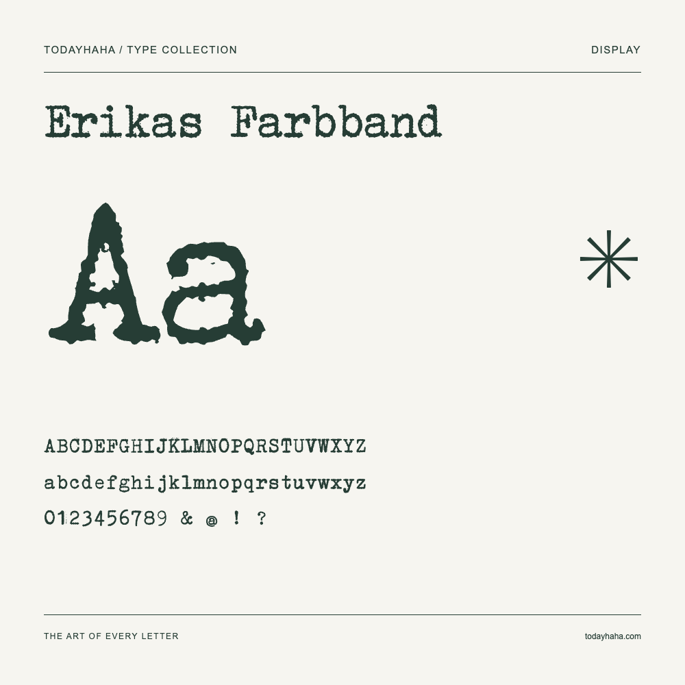 Erikas Farbband — Font specimen with uppercase and lowercase letters and numbers