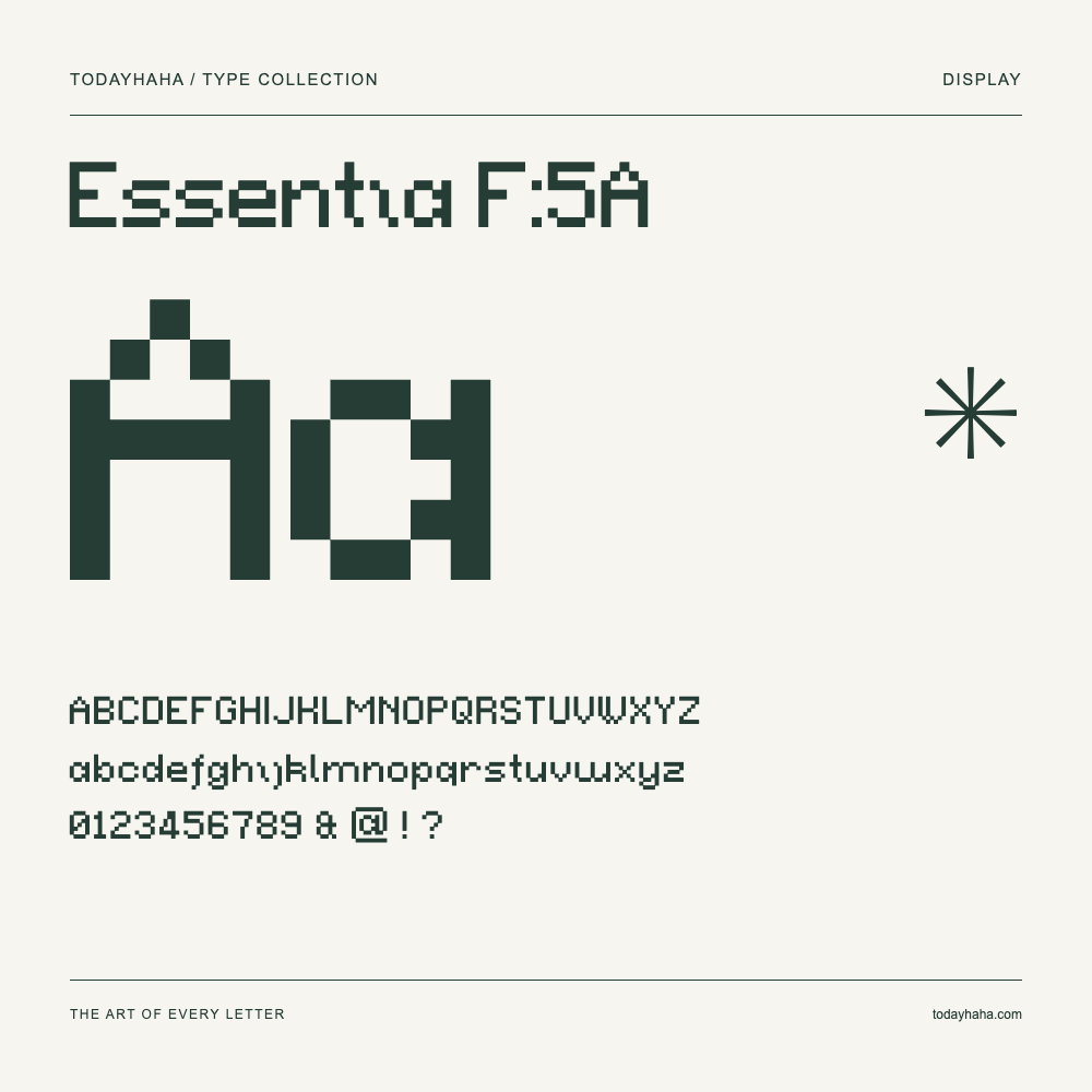 Essentia F:5A — Font specimen with uppercase and lowercase letters and numbers