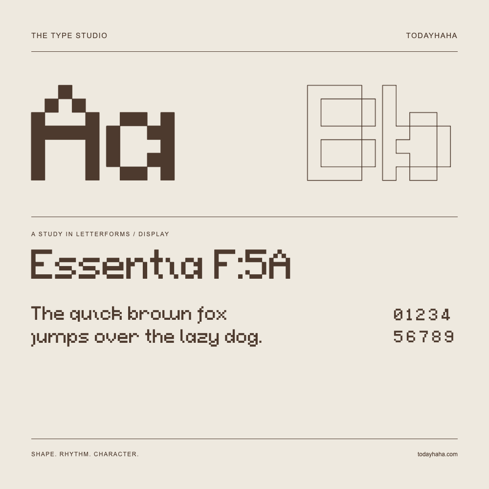 Essentia F:5A — Letterform study with sample sentence and numbers