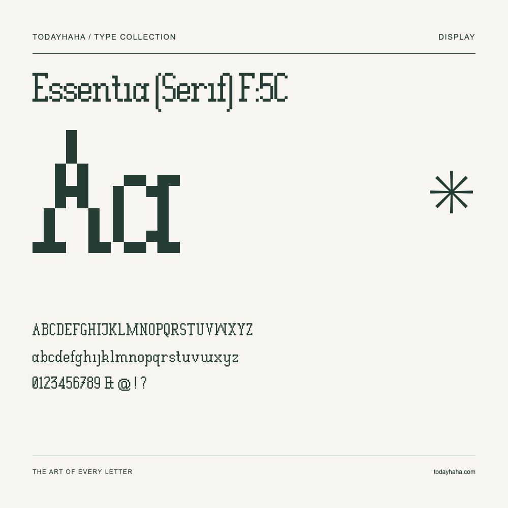 Essentia (Serif) F:5C — Muestra de mayúsculas, minúsculas y números