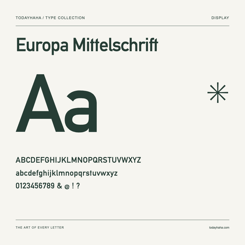 Europa Mittelschrift — Schriftmuster mit Großbuchstaben, Kleinbuchstaben und Ziffern