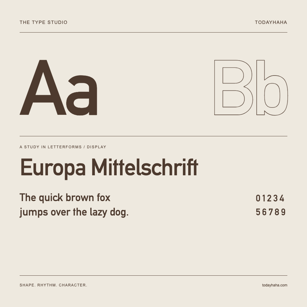 Europa Mittelschrift — Buchstabenstudie mit Beispielsatz und Ziffern