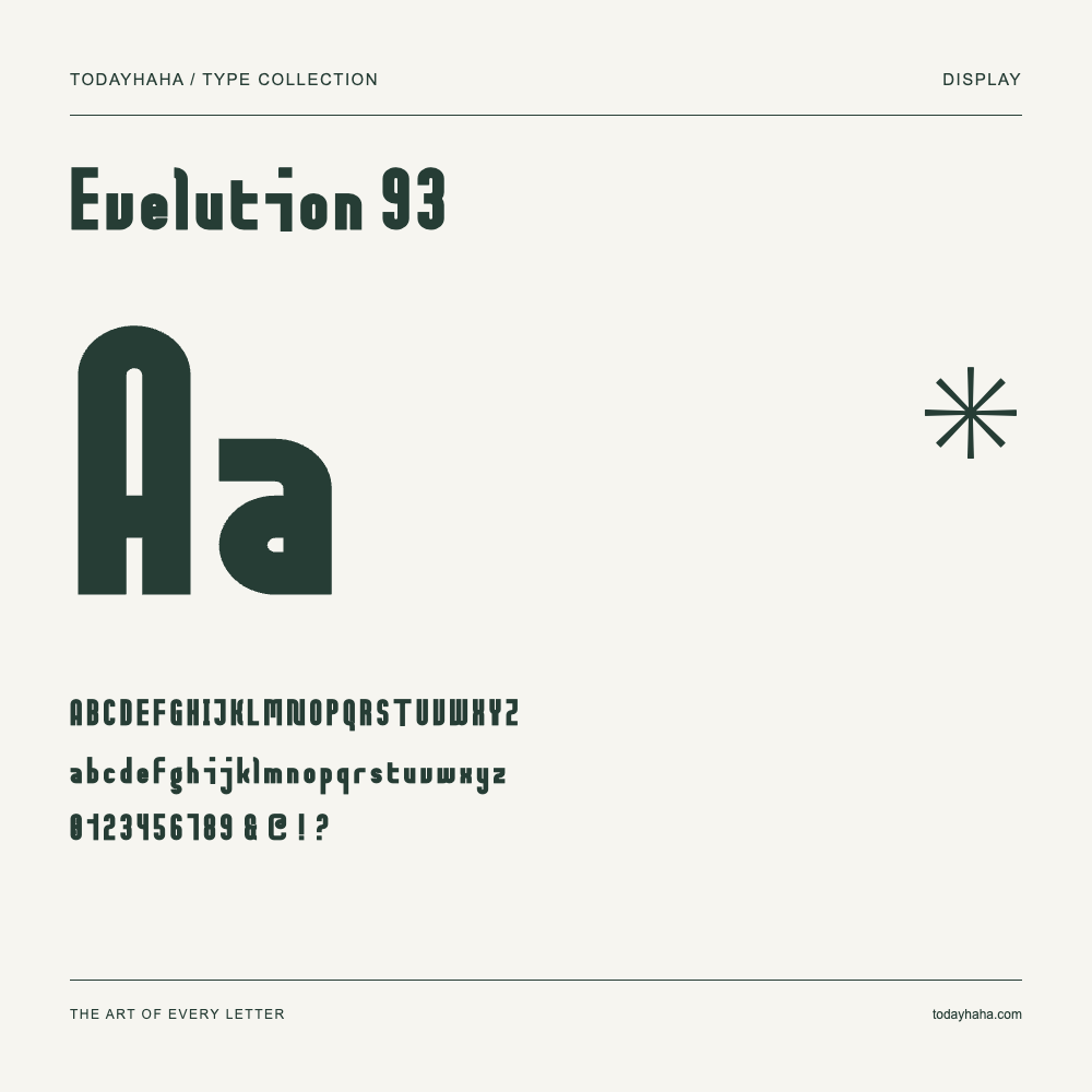 Evelution 93 — Font specimen with uppercase and lowercase letters and numbers