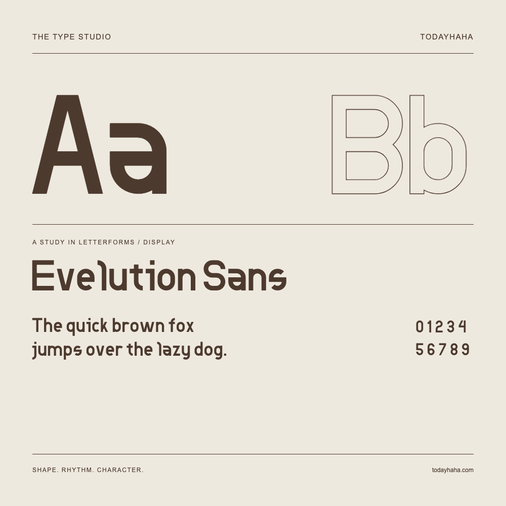 Evelution Sans — Letterform study with sample sentence and numbers