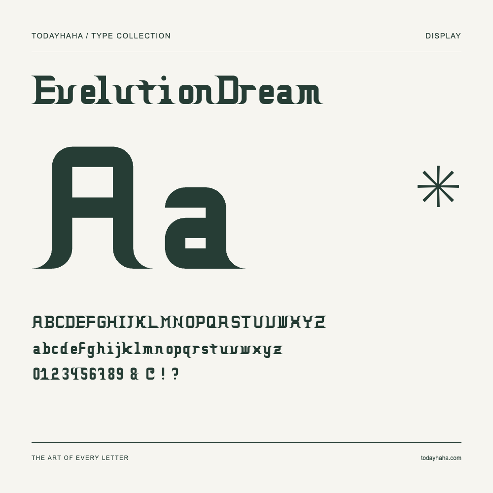 EvelutionDream — Font specimen with uppercase and lowercase letters and numbers