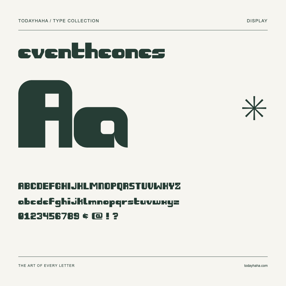 eventheones — Font specimen with uppercase and lowercase letters and numbers