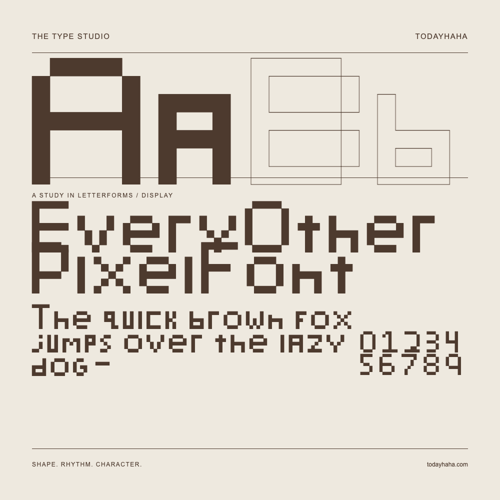 EveryOtherPixelFont — Buchstabenstudie mit Beispielsatz und Ziffern