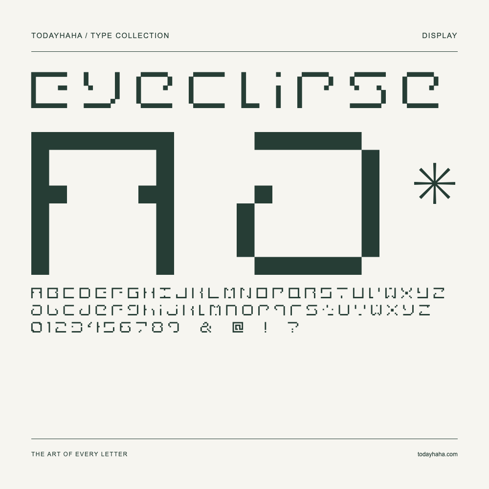 Eyeclipse — Font specimen with uppercase and lowercase letters and numbers