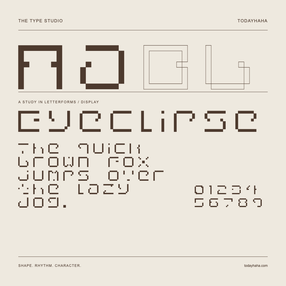 Eyeclipse — Letterform study with sample sentence and numbers