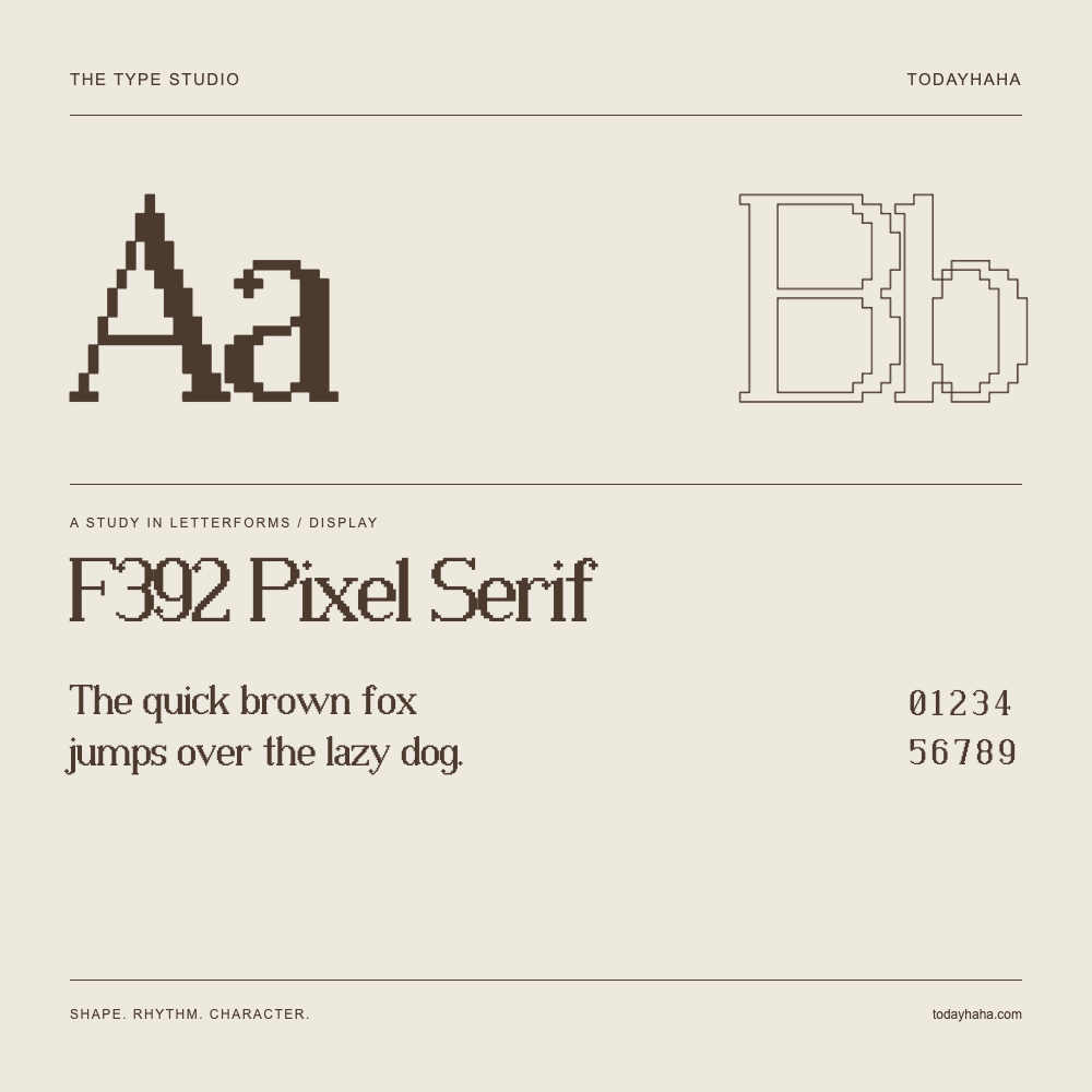 F392 Pixel Serif — 字形展示：示例句子与数字