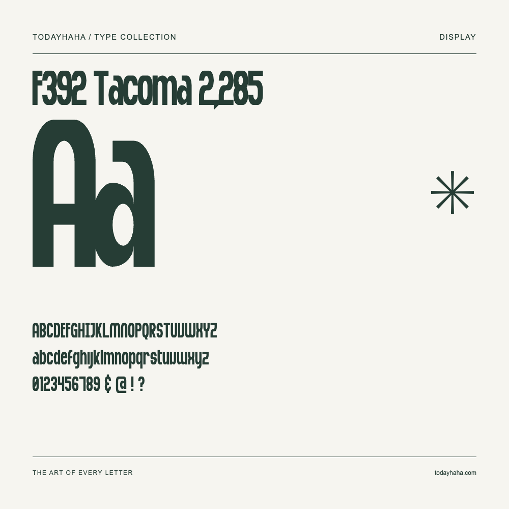 F392 Tacoma 2,285 — Font specimen with uppercase and lowercase letters and numbers