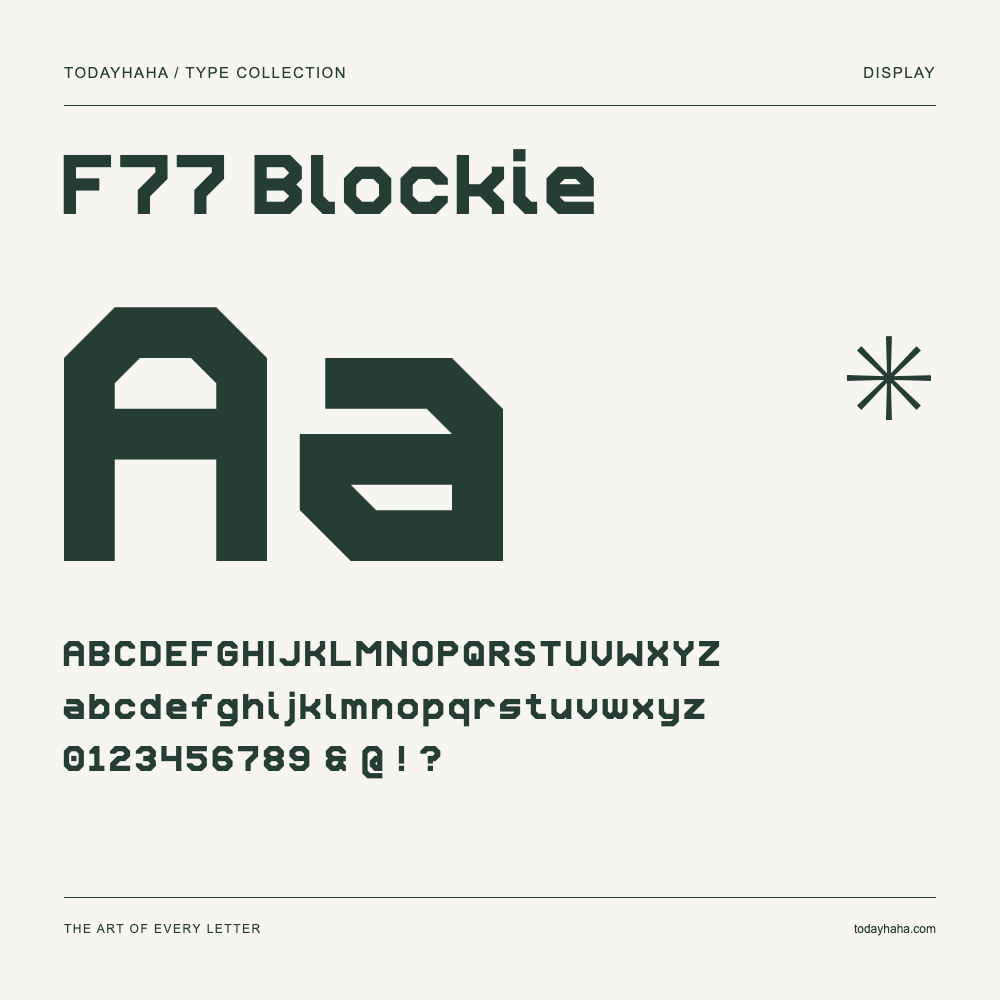F77 Blockie — Font specimen with uppercase and lowercase letters and numbers