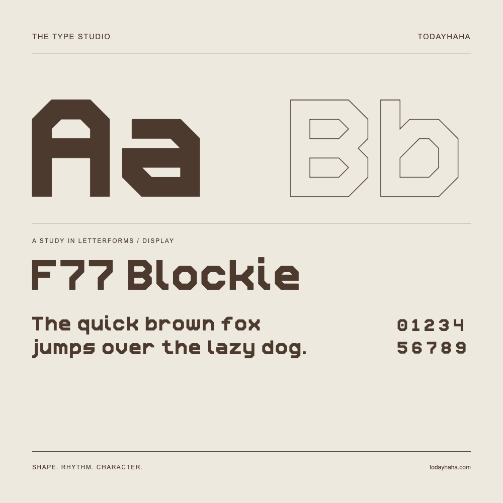 F77 Blockie — Letterform study with sample sentence and numbers