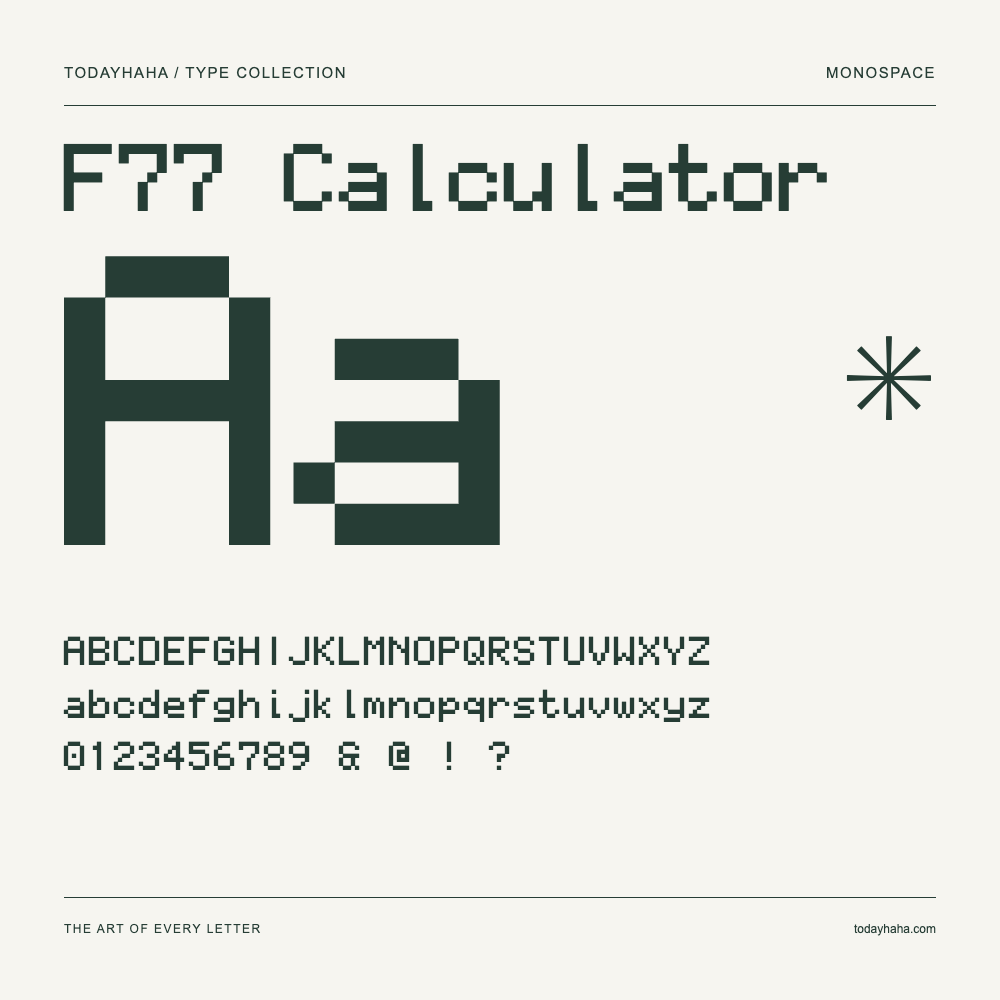 F77 Calculator — Muestra de mayúsculas, minúsculas y números