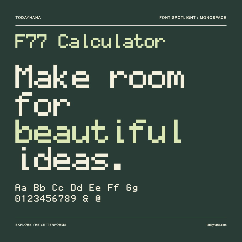 F77 Calculator — Póster tipográfico con texto de muestra