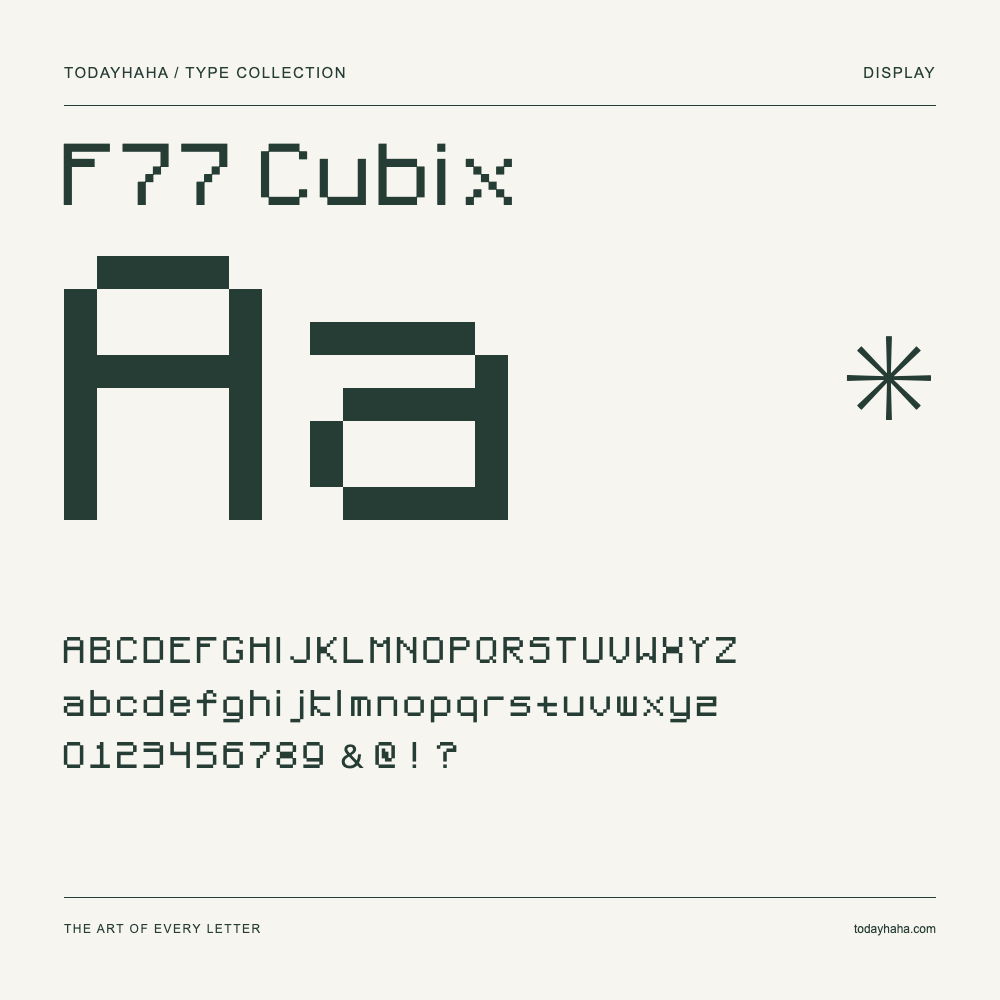 F77 Cubix — Font specimen with uppercase and lowercase letters and numbers