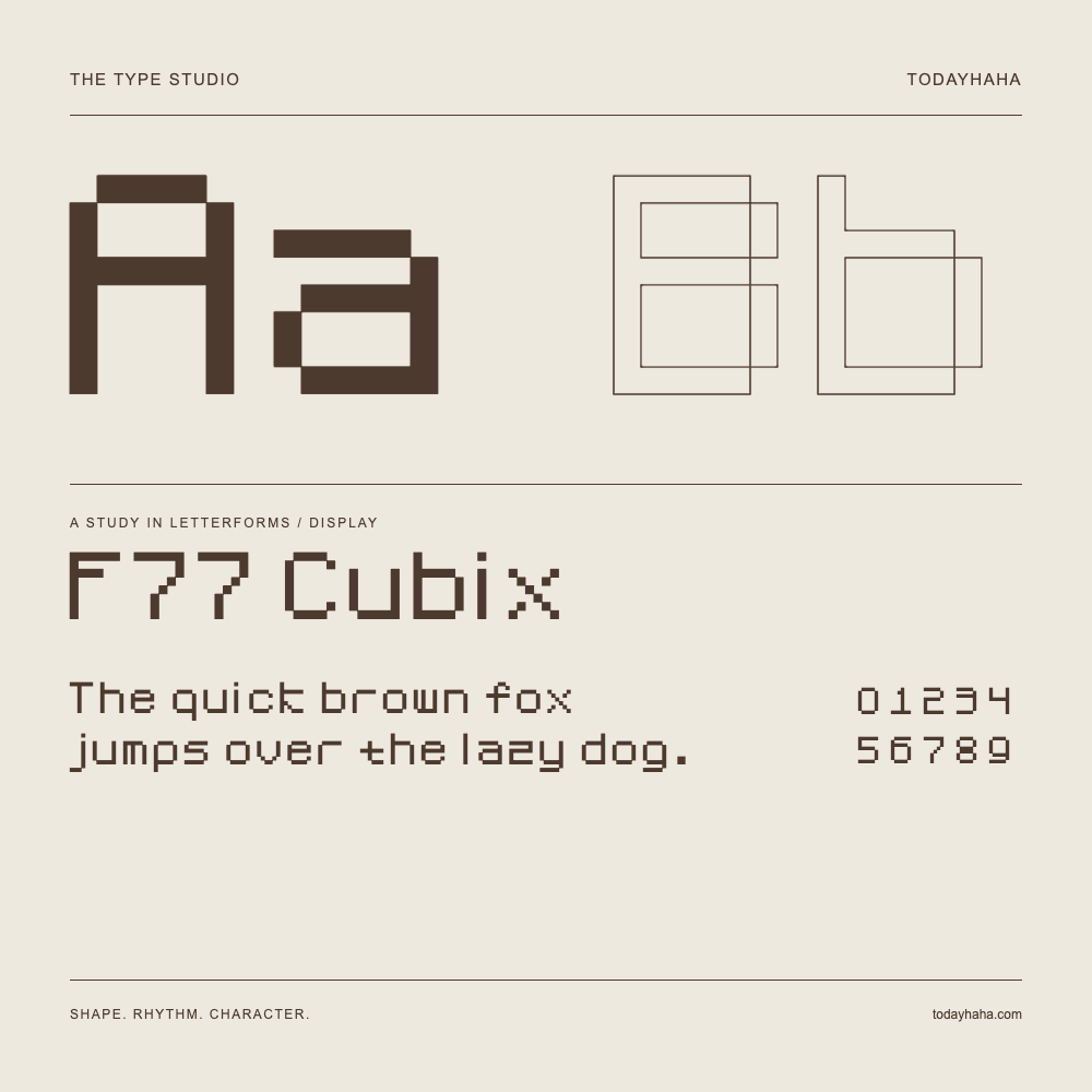 F77 Cubix — Letterform study with sample sentence and numbers