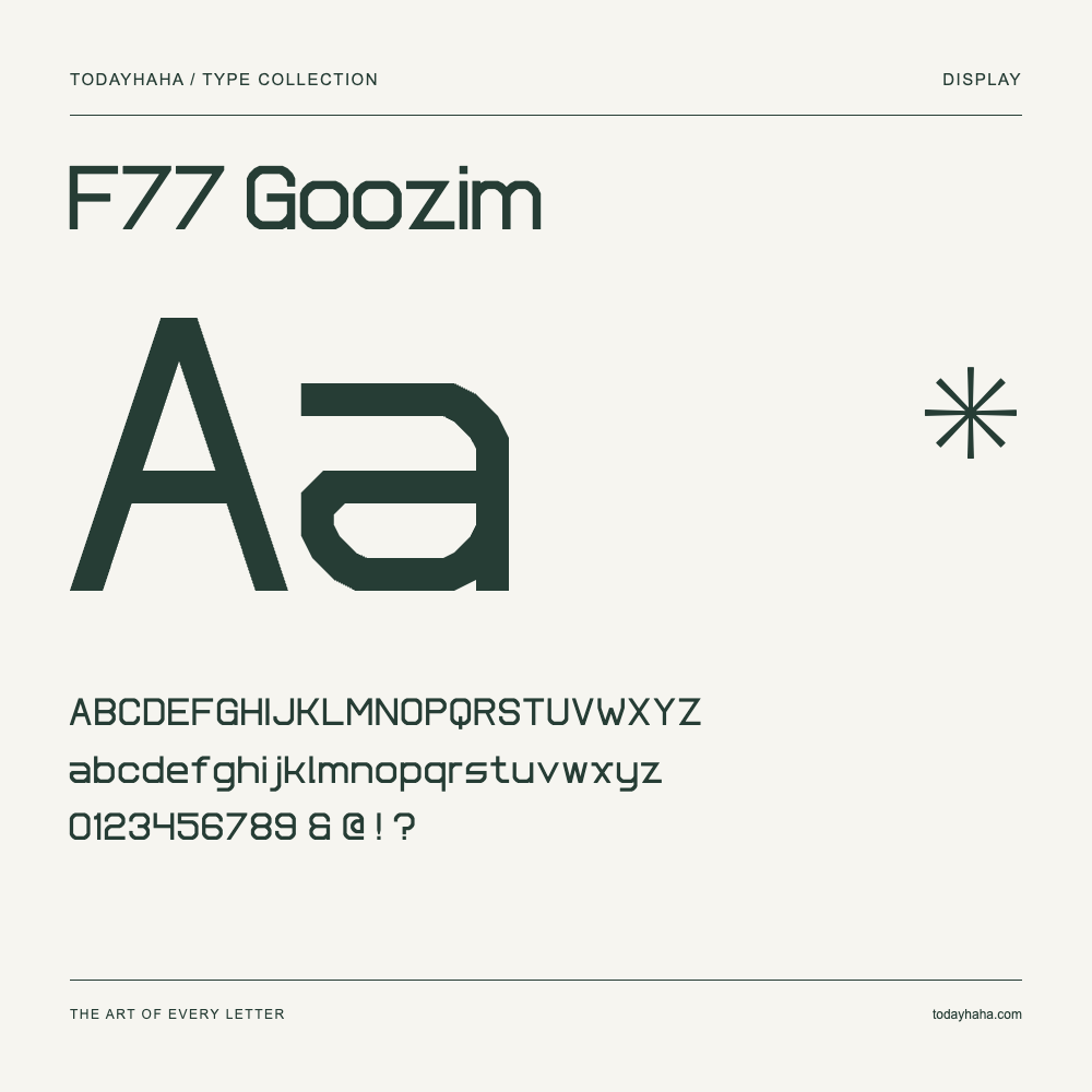 F77 Goozim — Spécimen avec majuscules, minuscules et chiffres