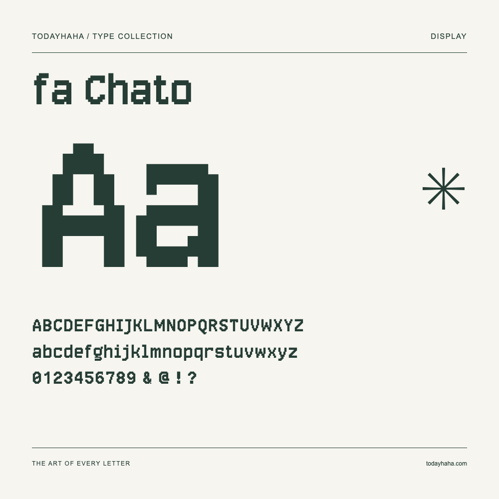 fa Chato — Spécimen avec majuscules, minuscules et chiffres