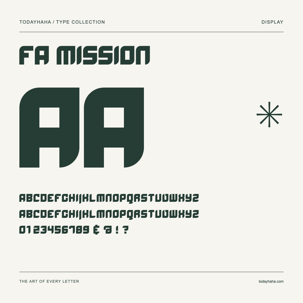 fa Mission — Schriftmuster mit Großbuchstaben, Kleinbuchstaben und Ziffern