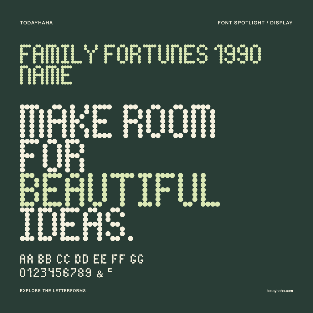 Family Fortunes 1990 Name — Typografieposter mit Beispieltext