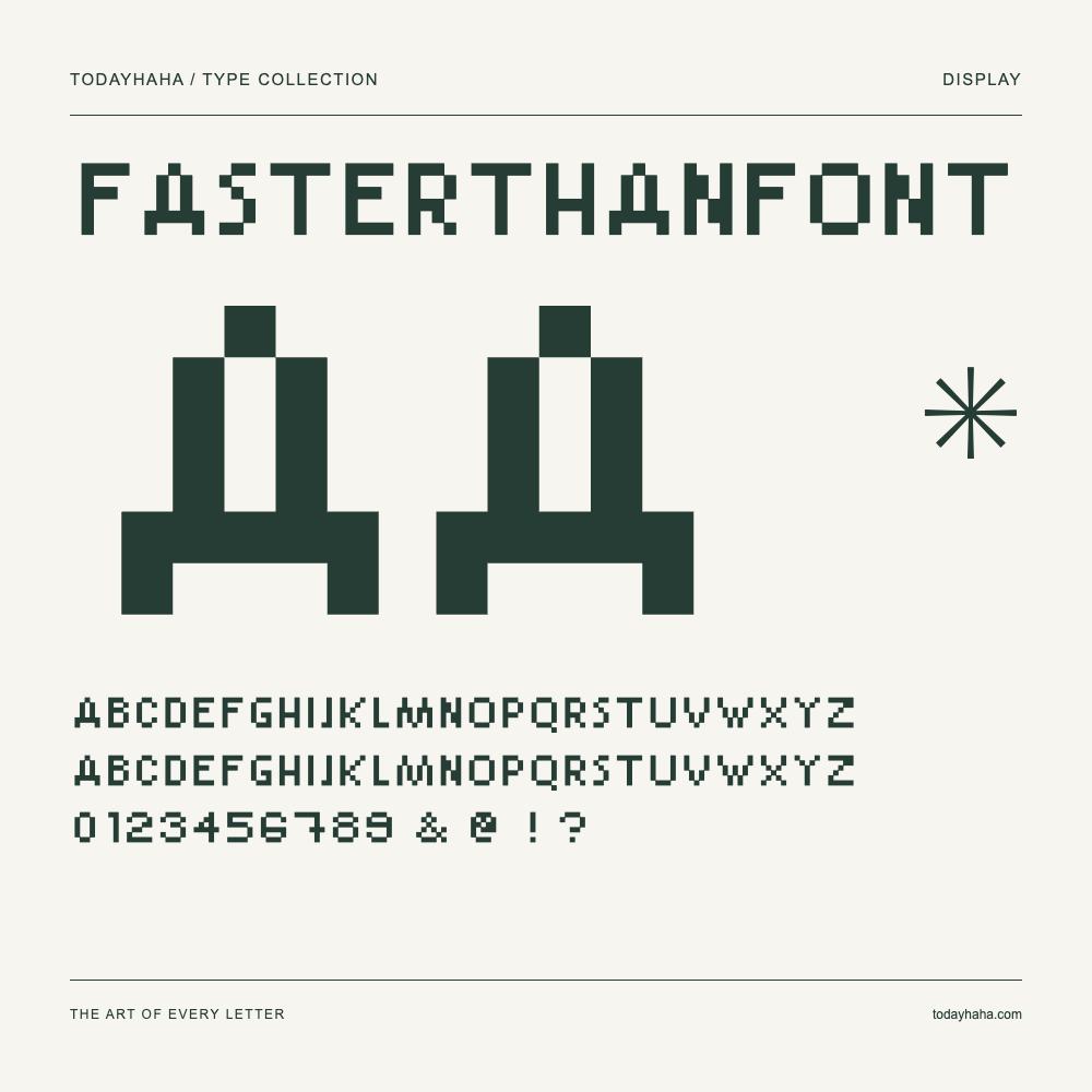 FasterThanFont — Schriftmuster mit Großbuchstaben, Kleinbuchstaben und Ziffern