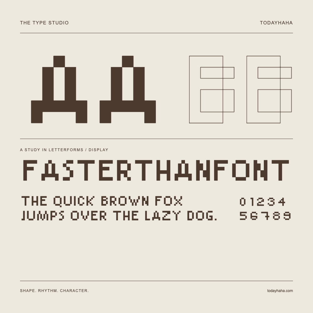 FasterThanFont — Buchstabenstudie mit Beispielsatz und Ziffern