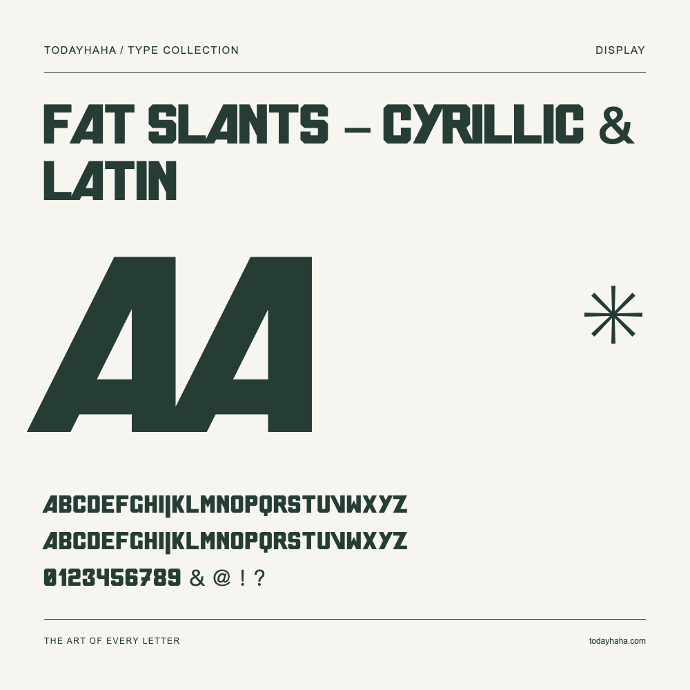 Fat Slants - Cyrillic & Latin — Font specimen with uppercase and lowercase letters and numbers