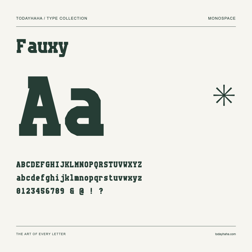 Fauxy — Schriftmuster mit Großbuchstaben, Kleinbuchstaben und Ziffern