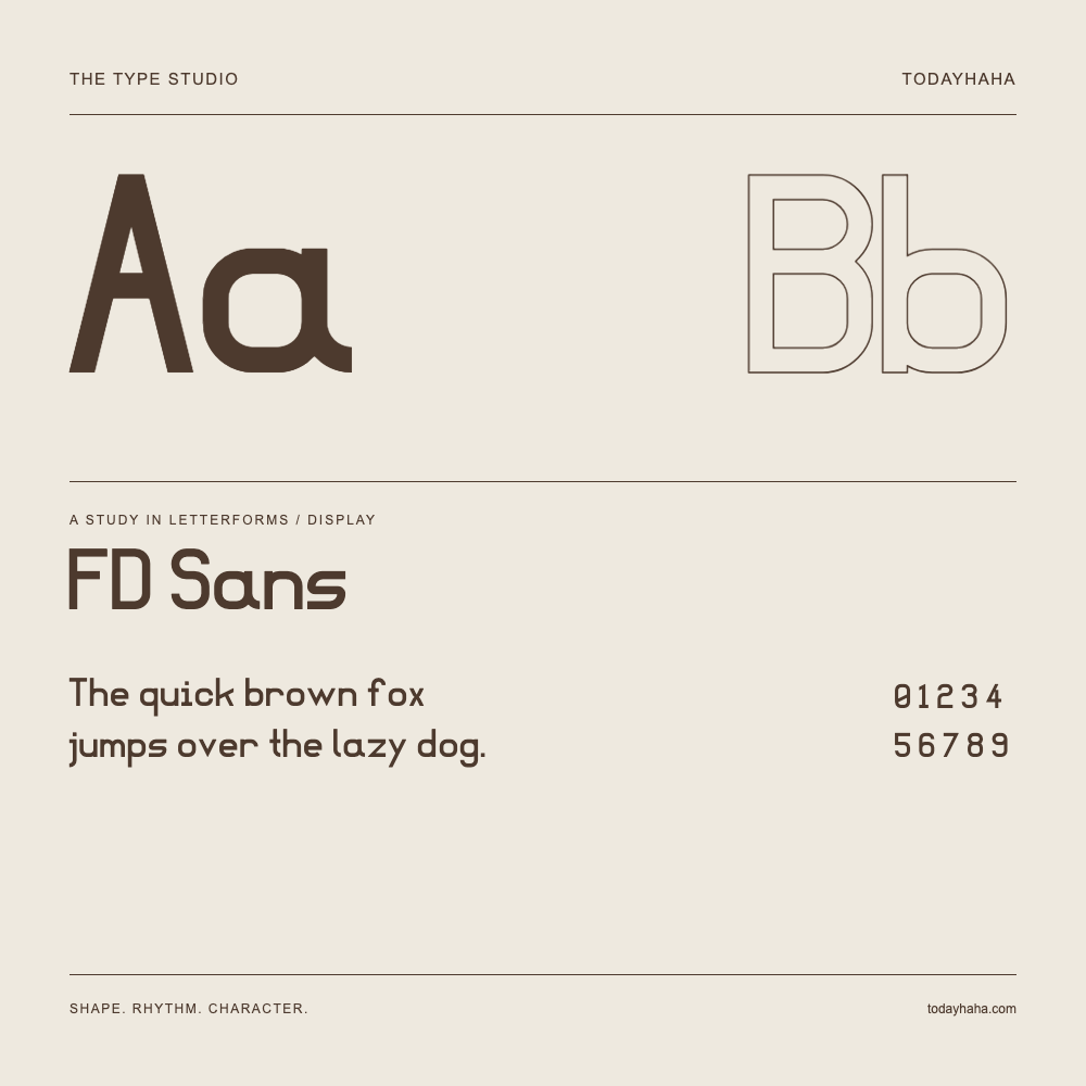FD Sans — Studio delle lettere con frase e numeri