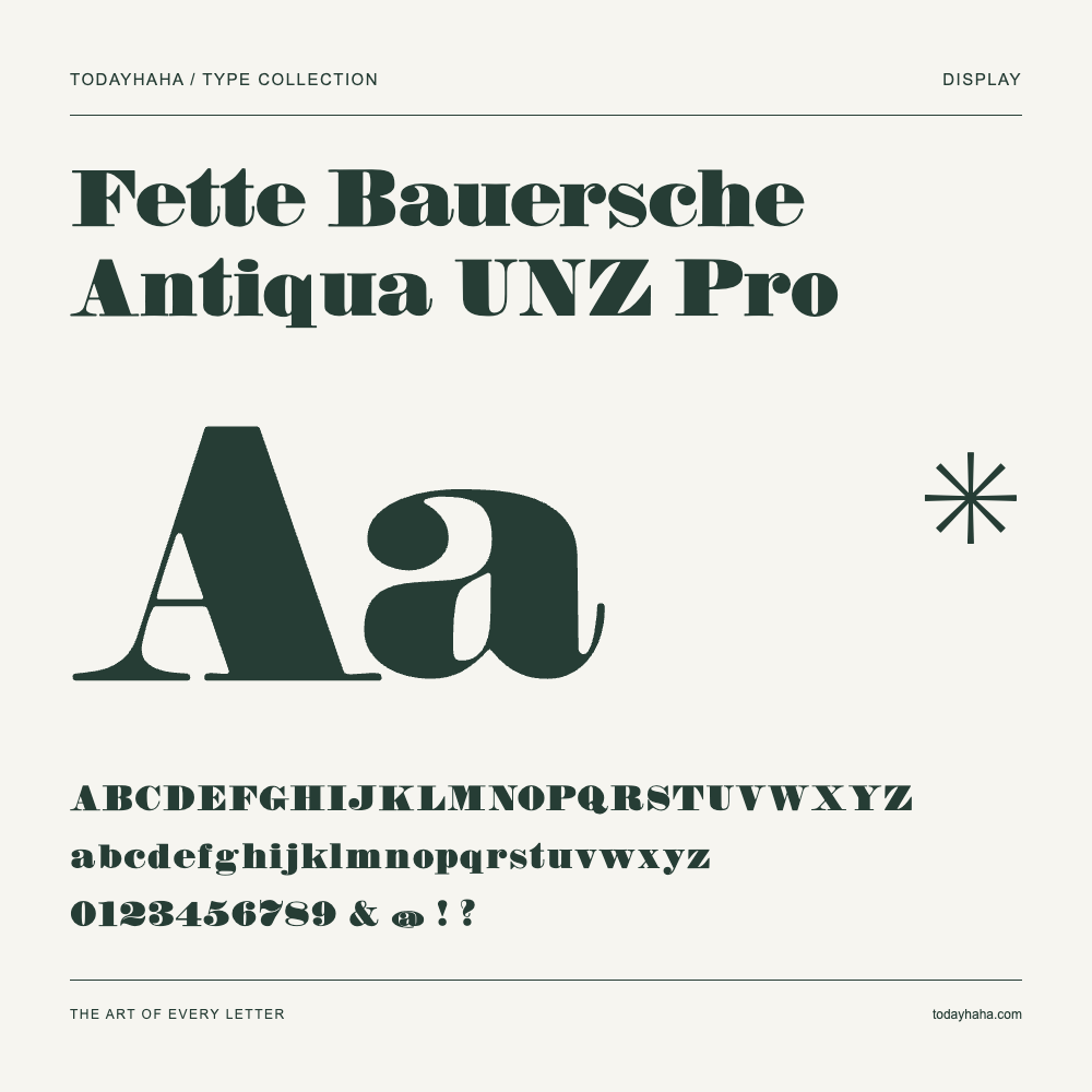 Fette Bauersche Antiqua UNZ Pro — Schriftmuster mit Großbuchstaben, Kleinbuchstaben und Ziffern