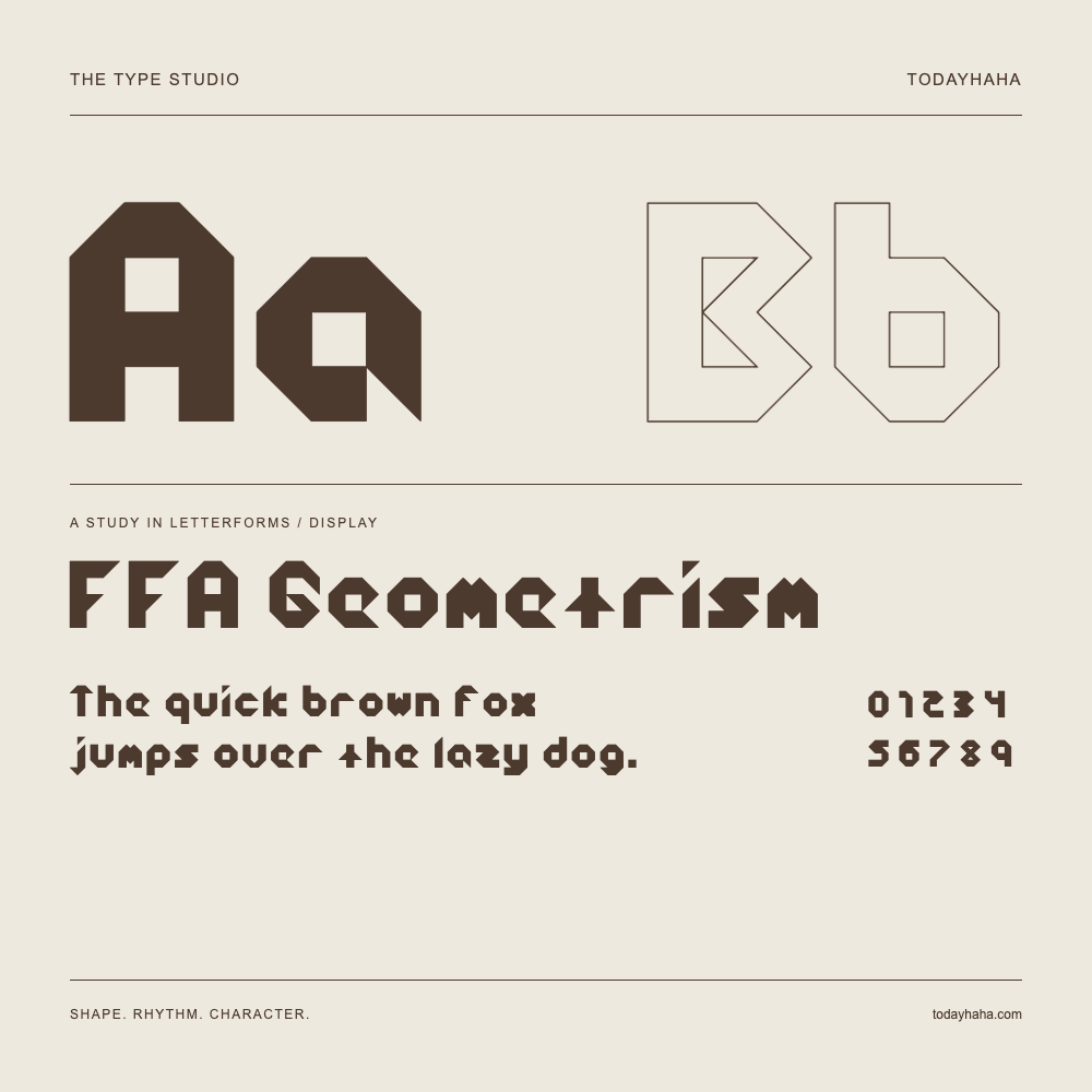FFA Geometrism — Buchstabenstudie mit Beispielsatz und Ziffern