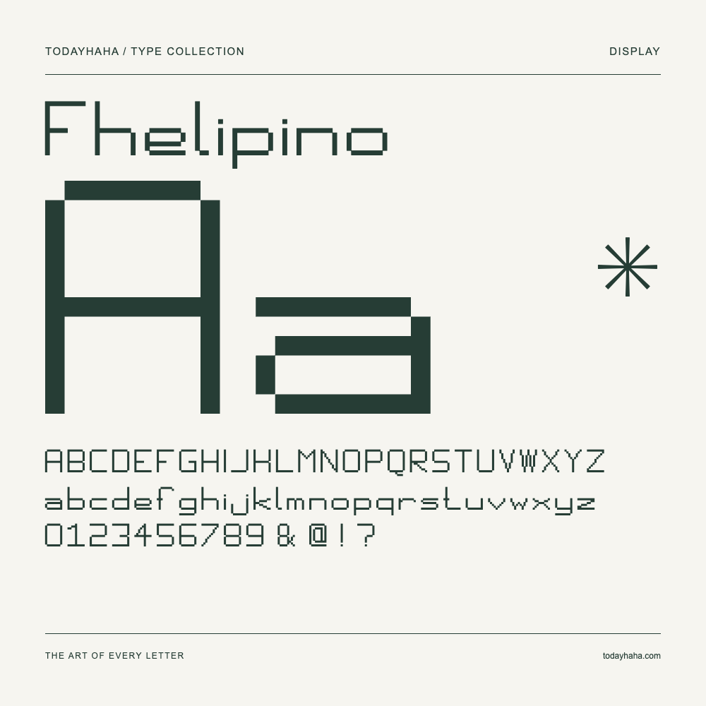 Fhelipino — Schriftmuster mit Großbuchstaben, Kleinbuchstaben und Ziffern