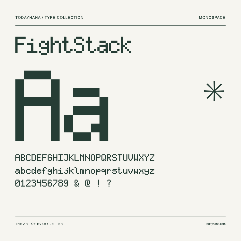 FightStack — Schriftmuster mit Großbuchstaben, Kleinbuchstaben und Ziffern