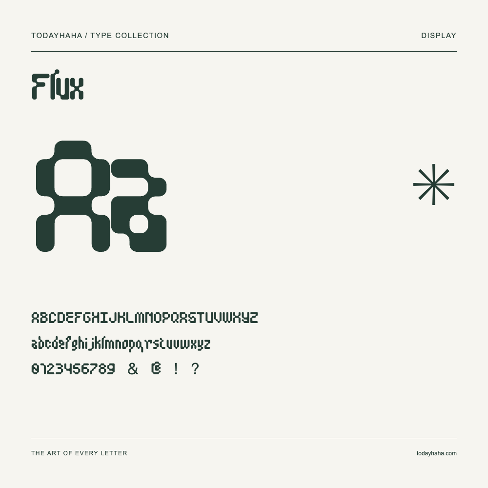 Flux — Schriftmuster mit Großbuchstaben, Kleinbuchstaben und Ziffern