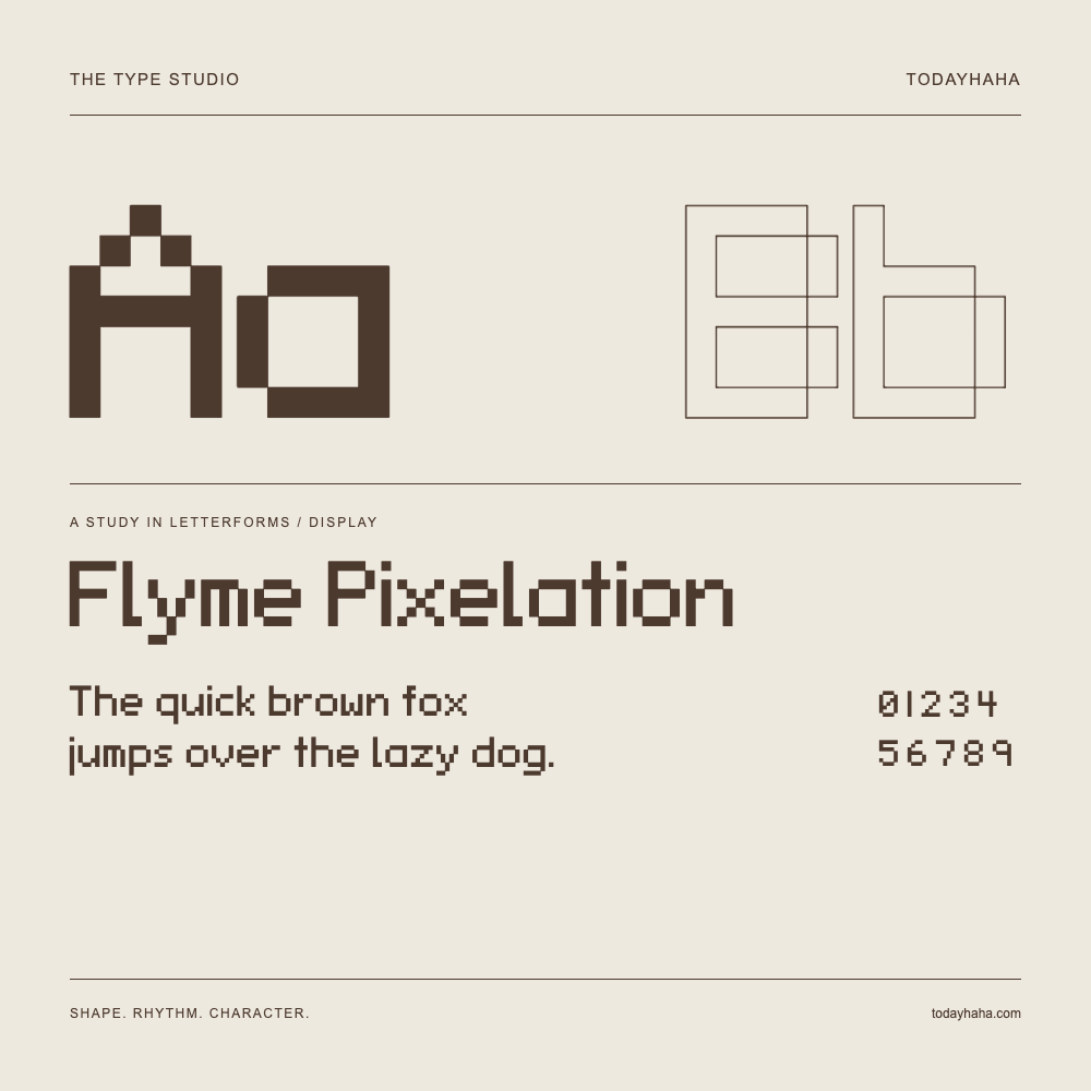 Flyme Pixelation — Buchstabenstudie mit Beispielsatz und Ziffern