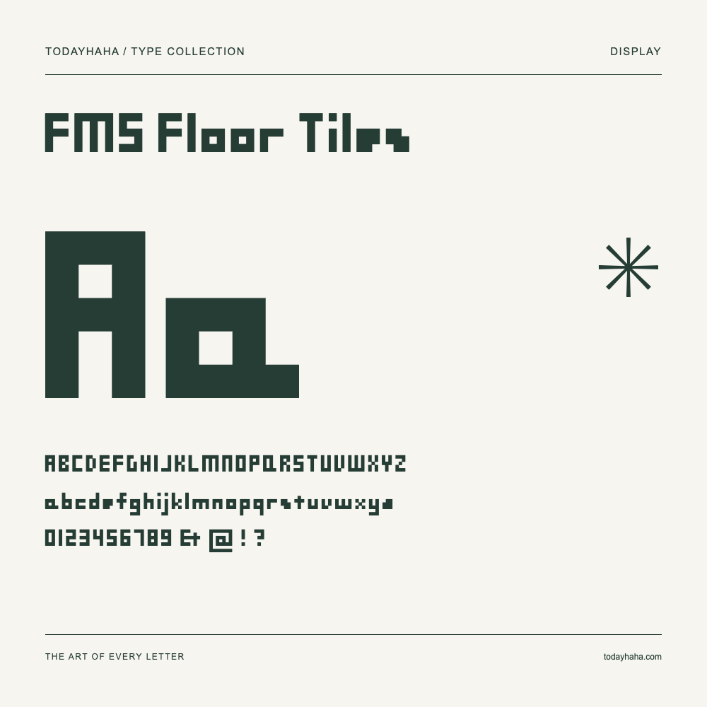 FMS Floor Tiles — Spécimen avec majuscules, minuscules et chiffres