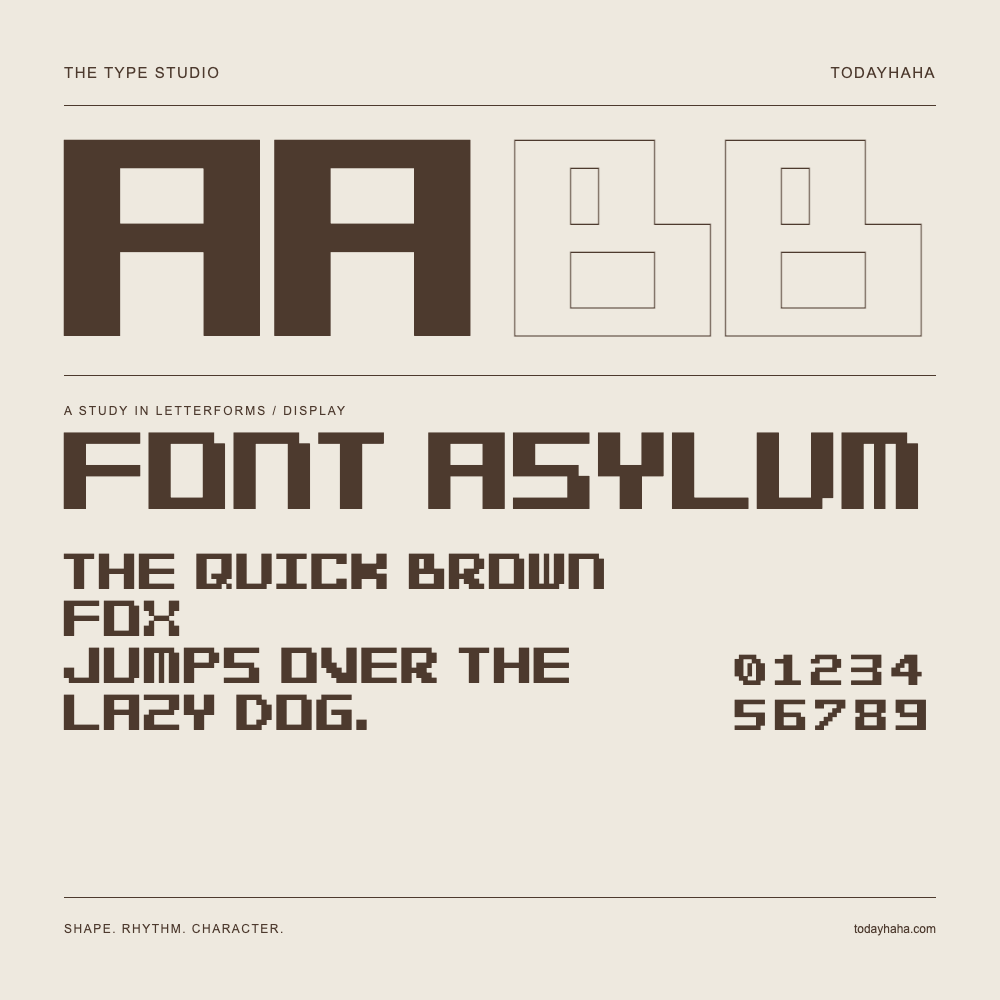 Font Asylum — Letterform study with sample sentence and numbers