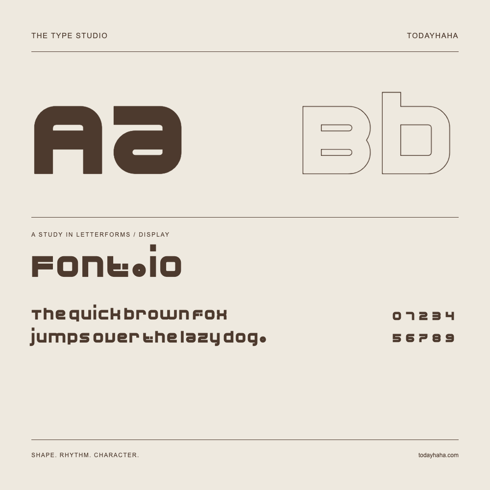 Font.io — Buchstabenstudie mit Beispielsatz und Ziffern