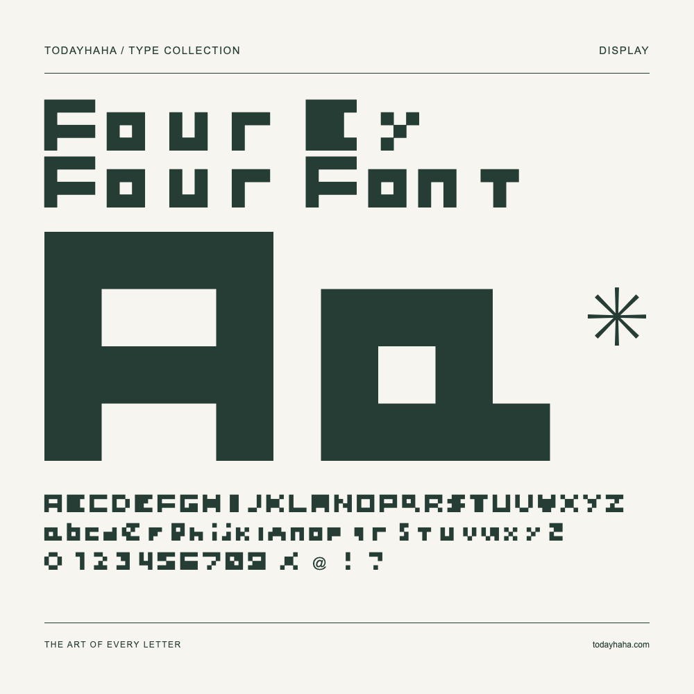 Four By Four Font — Spécimen avec majuscules, minuscules et chiffres