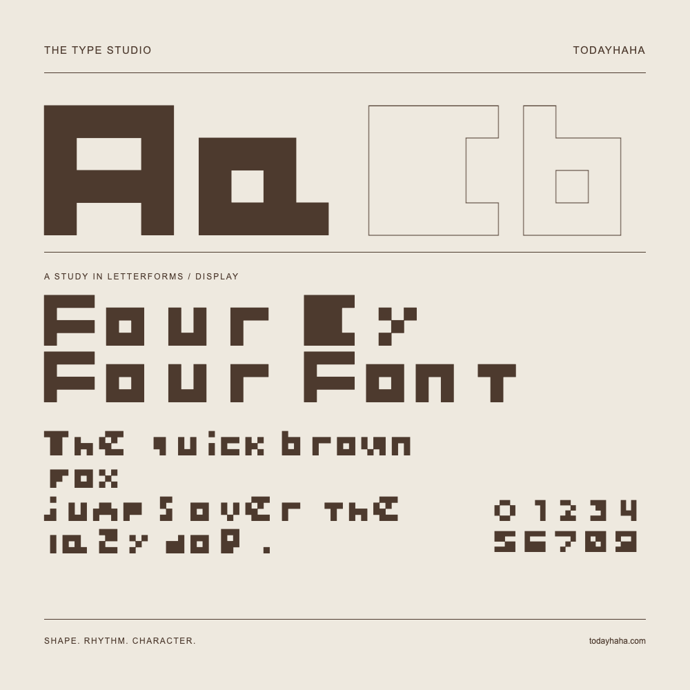 Four By Four Font — Étude des lettres avec une phrase et des chiffres