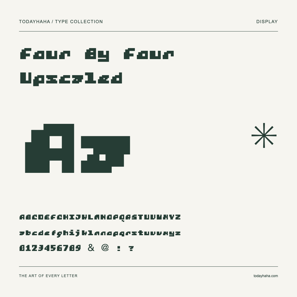 Four By Four Upscaled — Schriftmuster mit Großbuchstaben, Kleinbuchstaben und Ziffern