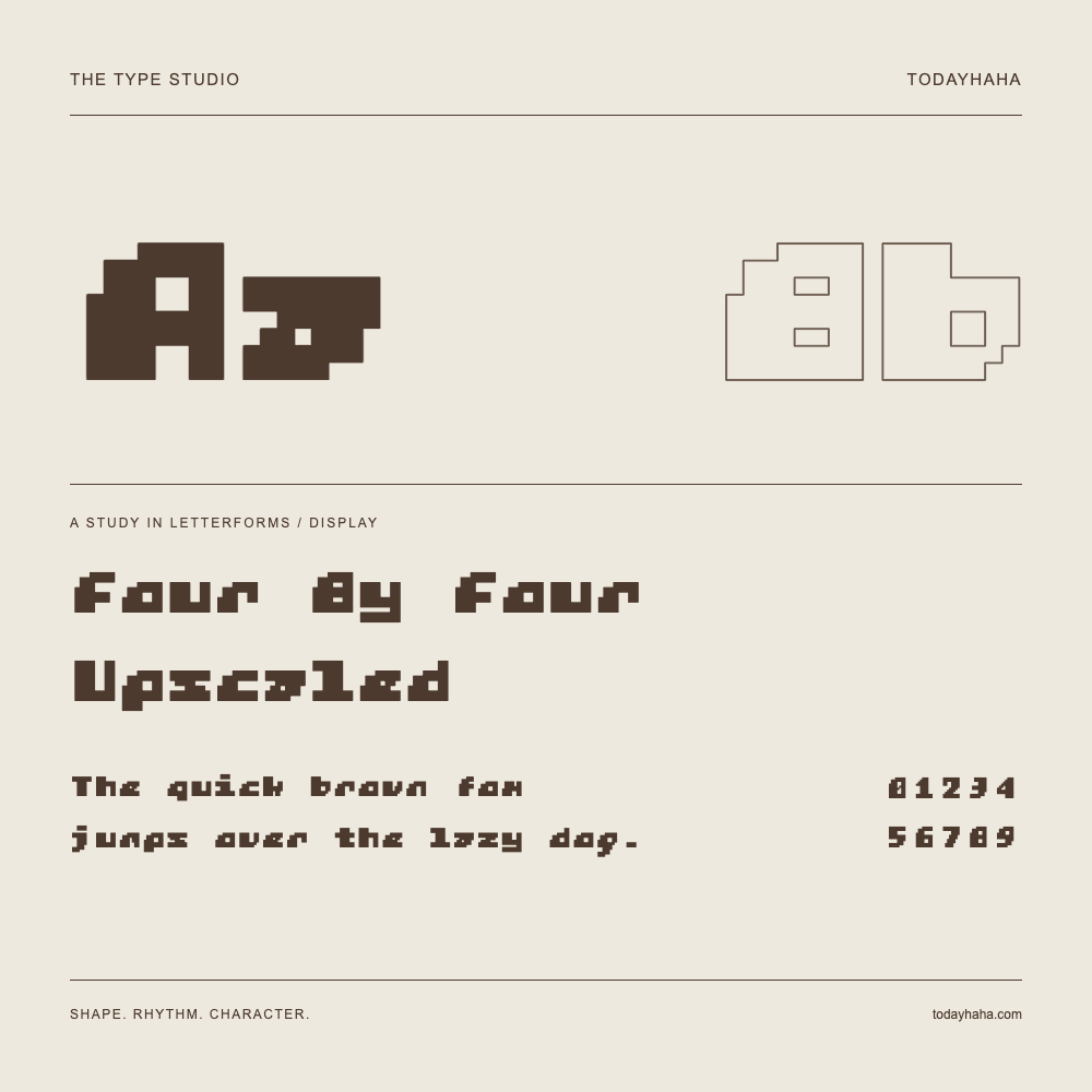 Four By Four Upscaled — Buchstabenstudie mit Beispielsatz und Ziffern