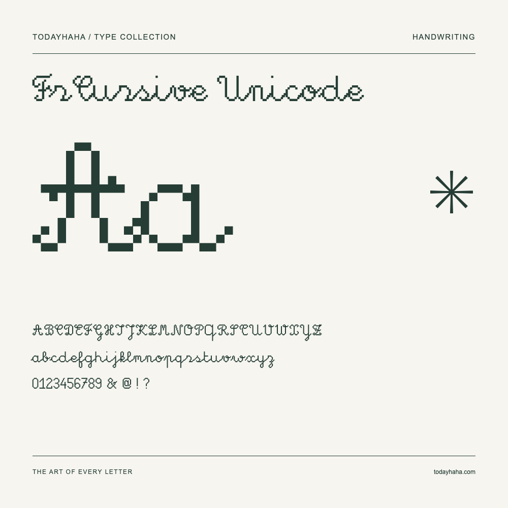 FrCursive Unicode — Font specimen with uppercase and lowercase letters and numbers