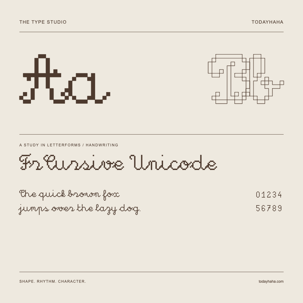 FrCursive Unicode — Letterform study with sample sentence and numbers