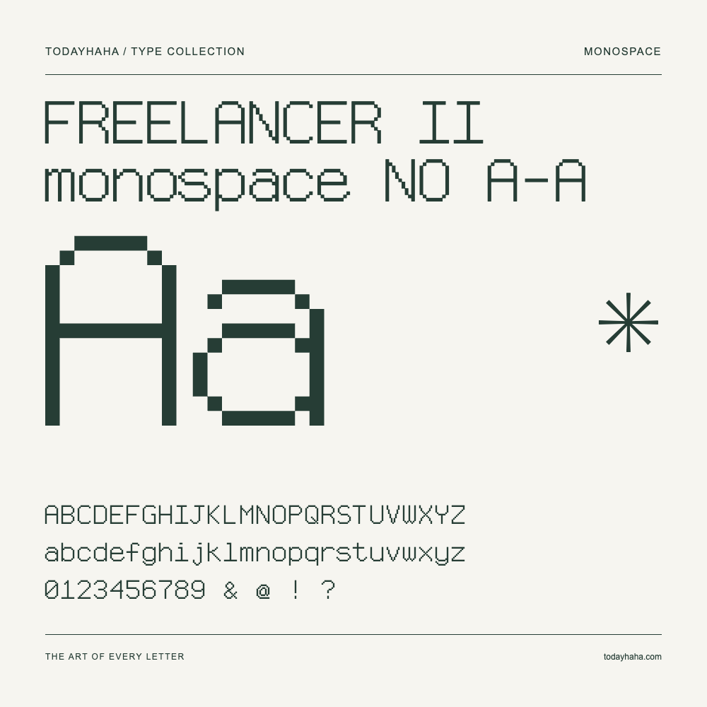 FREELANCER II monospace NO A-A — Schriftmuster mit Großbuchstaben, Kleinbuchstaben und Ziffern