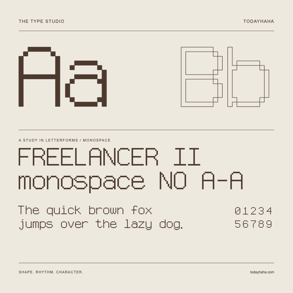 FREELANCER II monospace NO A-A — Buchstabenstudie mit Beispielsatz und Ziffern